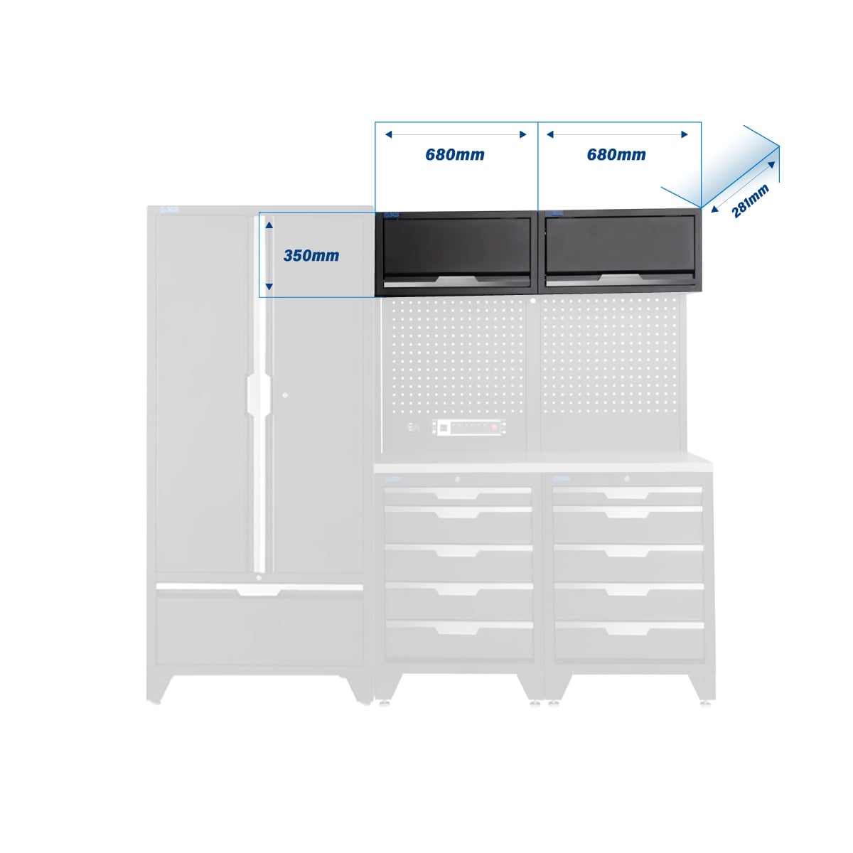 SGS 7pc Garage Storage System | 10 Drawers | Stainless Steel Worktop | 2x Upper Cabinets | Tall Double Cabinet | Tall Double Cabinet with Drawer | Pegboard with Power Strip